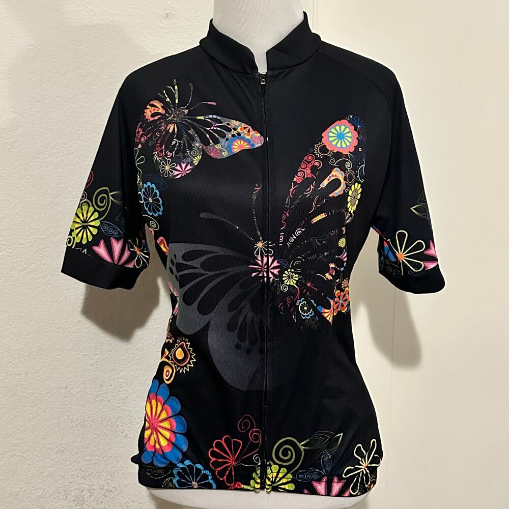 Butterfly Floral Zip Top Black Multicolor Cycling Biking Shirt Short Sleeve L